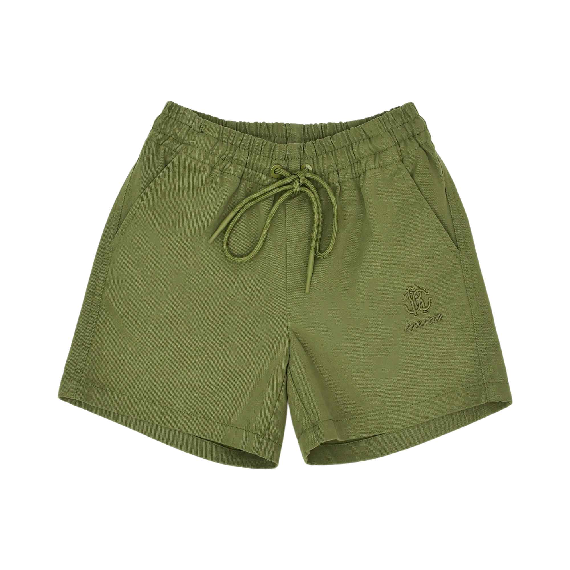 Front view of the olive green Roberto Cavalli boy's twill shorts showing the gathered elastic waistband, matching drawstring, side pockets, and a small embroidered monogram logo.