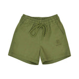 Front view of the olive green Roberto Cavalli boy's twill shorts showing the gathered elastic waistband, matching drawstring, side pockets, and a small embroidered monogram logo.