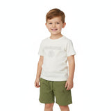 Child wearing a white t-shirt and green shorts on a white background.