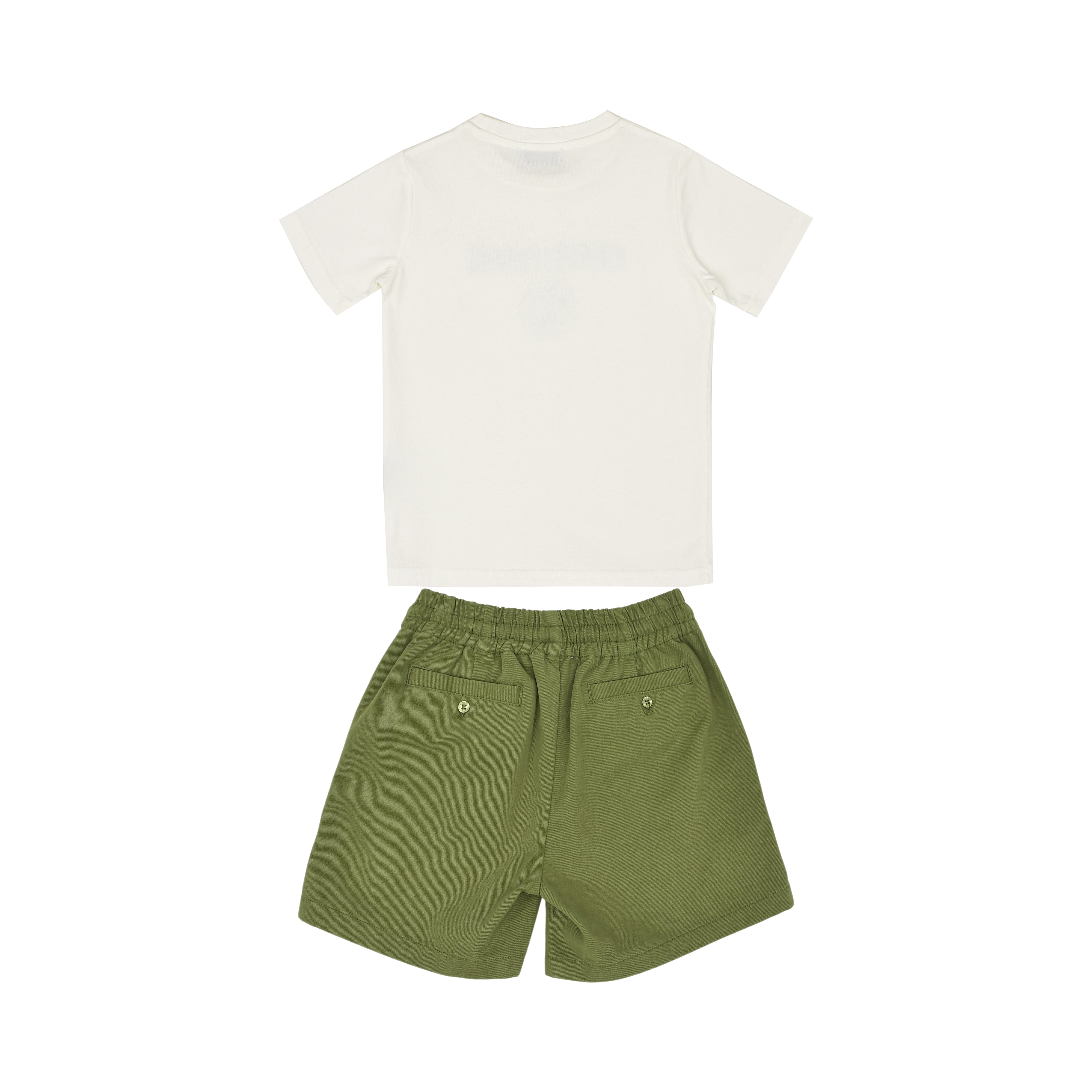 Back full view of the Roberto Cavalli boy's outfit showing the plain off-white back of the short-sleeved top and the olive green twill shorts featuring two buttoned welt pockets.