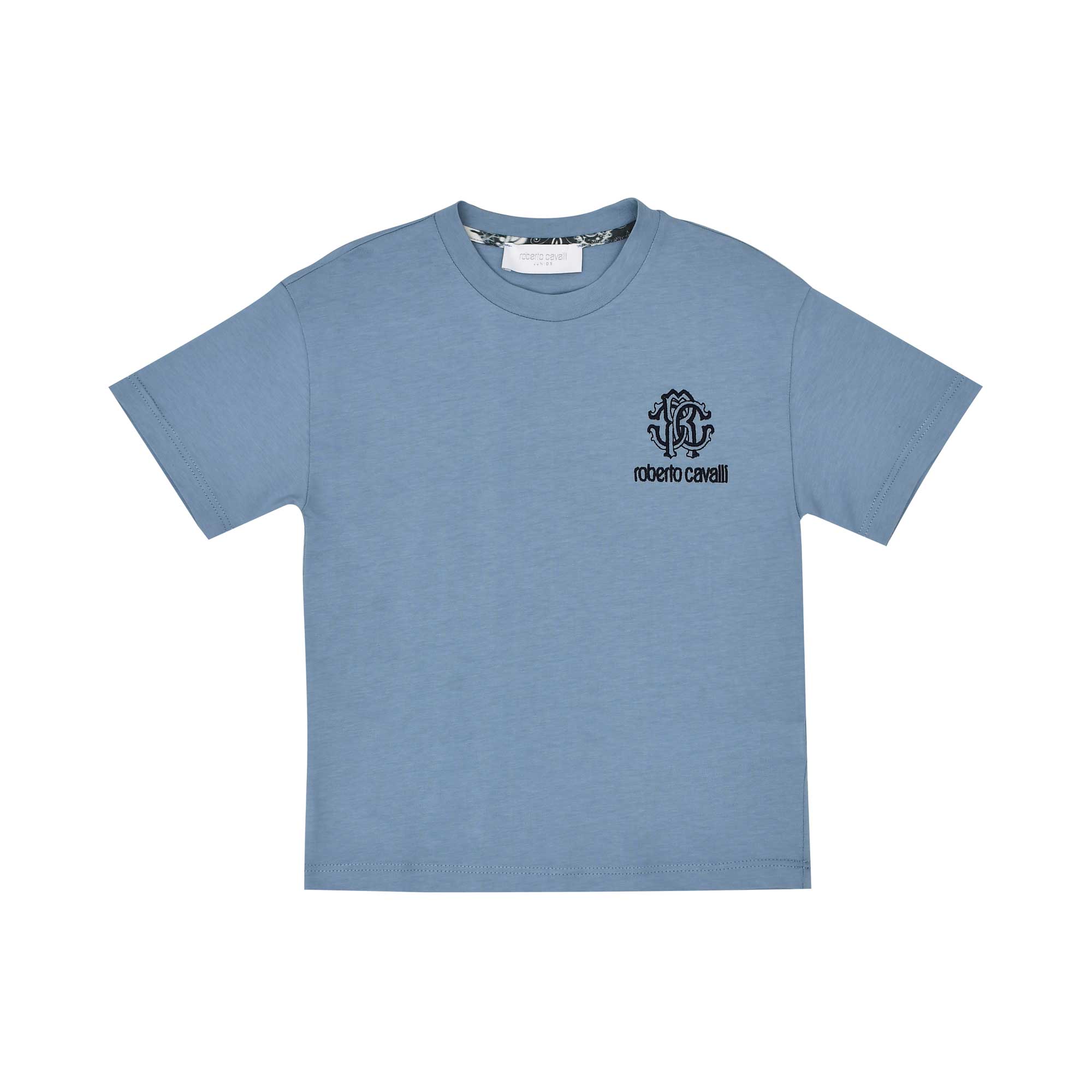 Front view of a Roberto Cavalli Junior blue short-sleeved t-shirt featuring a black embroidered RC monogram and logo on the chest, available at BLUE SALON.