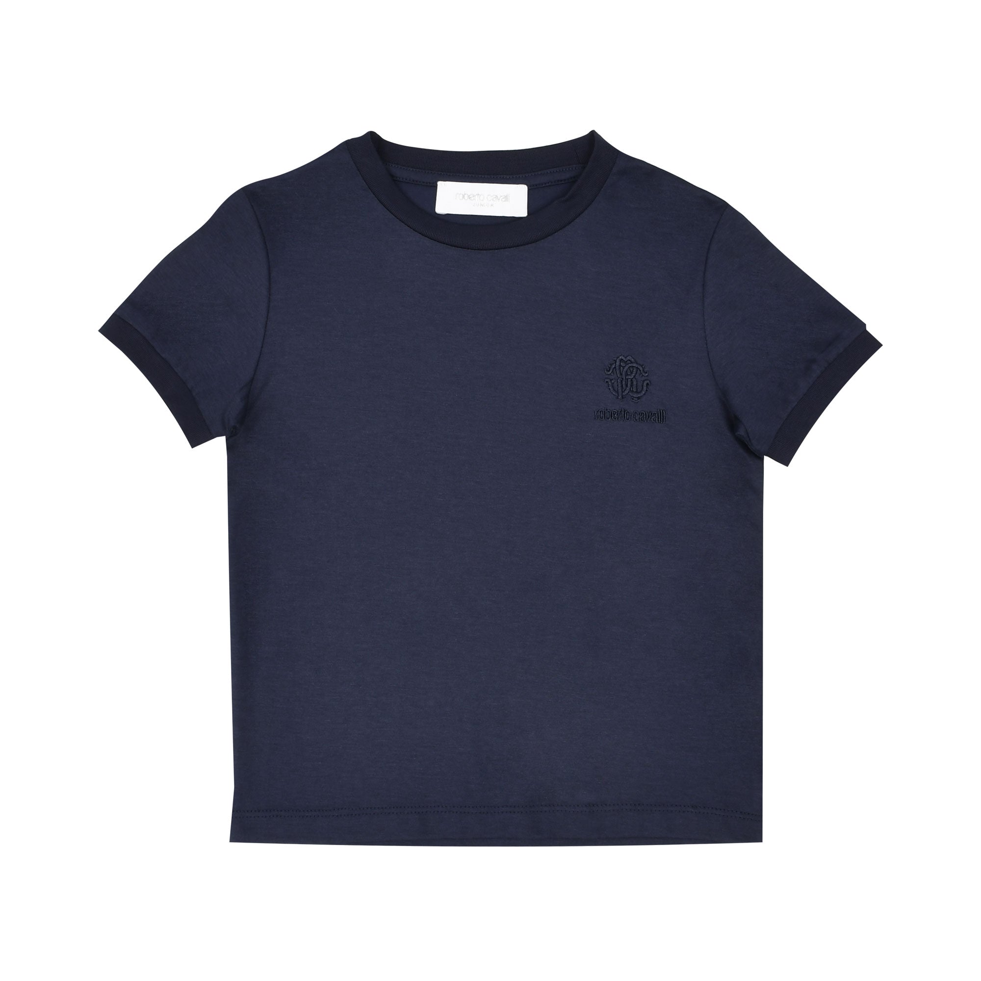 Front view of a Roberto Cavalli unisex kids blue short-sleeved t-shirt featuring a crewneck and a small cream-colored embroidered RC monogram logo on the chest, available at BLUE SALON.