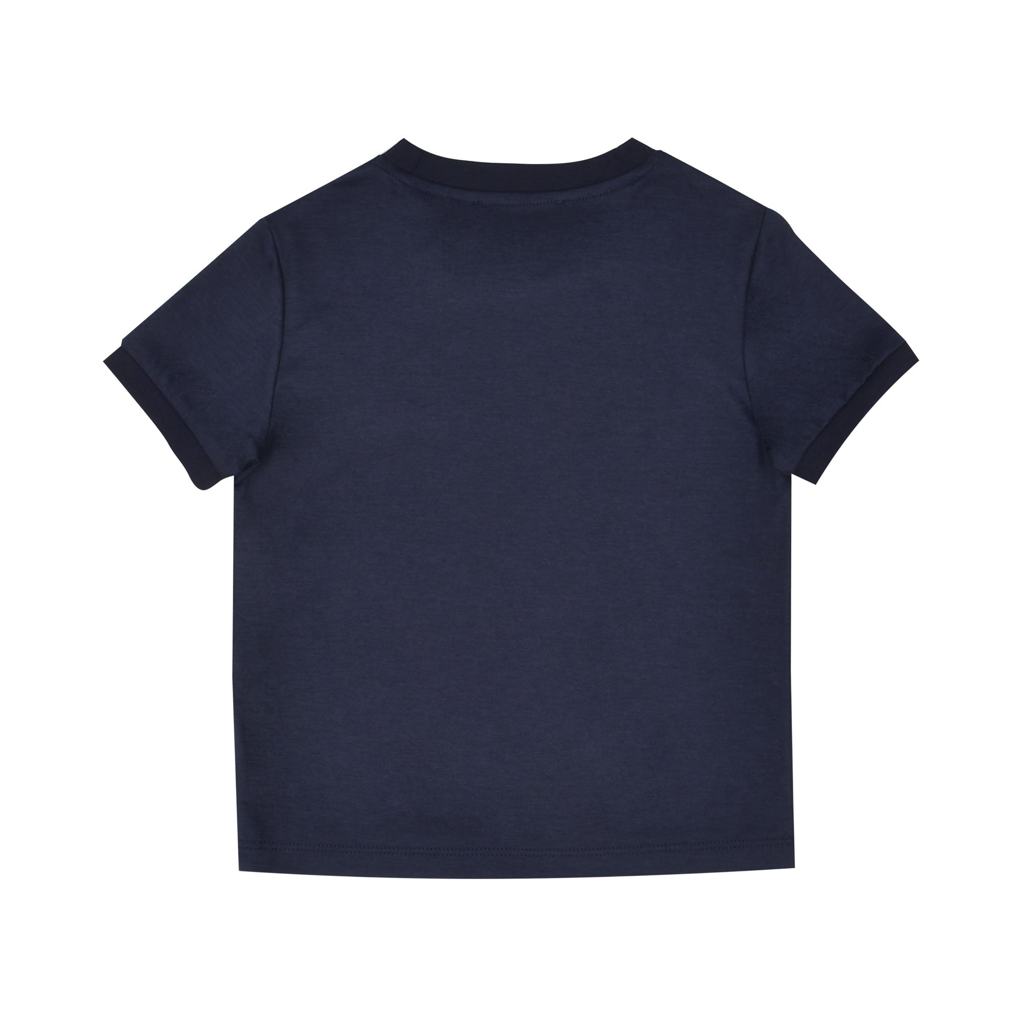 Back view of the Roberto Cavalli kids off-blue cotton t-shirt showing its clean, plain minimalist design, straight hemline, and tonal stitching.