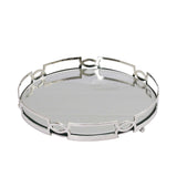 Slightly elevated perspective of a polished silver mirrored serving tray by Royal Family, highlighting the reflective surface and interlocking oval designs.