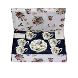 A 12-piece Royal Family "Royal Collection" coffee set in fine bone porcelain, featuring floral cups and saucers arranged in a blue satin-lined gift box.