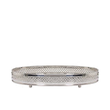 A front view of a Royal Family silver-plated oval tray featuring a detailed filigree lattice gallery and small ball feet against a white background.