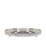 Front view of a Royal Family silver-plated oval tray featuring a detailed lattice filigree gallery and ball feet.