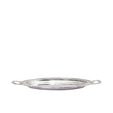 Side profile of a Royal Family silver-plated oval tray showing its slim silhouette and ornate handles against a white background.