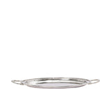 Side profile view of a Royal Family silver-plated oval tray showing its slim design and ornate handles against a white background.