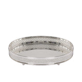 An elevated perspective of the Royal Family oval mirrored tray, showcasing the reflective glass surface and the intricate silver-plated diamond-pattern railing.