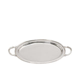 Top-down angled view of a polished Royal Family silver-plated serving tray highlighting the mirrored surface and oval silhouette.