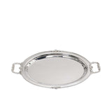 Top-down perspective of a Royal Family silver tray showcasing the wide oval serving area and decorative floral motifs on the edge.