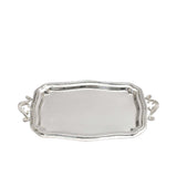 Overhead view of a rectangular silver-plated tray showing the wide serving area and the symmetrical Baroque-style decorative handles.