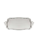 Overhead view of a Royal Family silver serving tray highlighting the mirror-finish surface and symmetrical scroll-work handles.