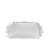 Overhead view of a Royal Family silver tray highlighting the polished reflective surface, scalloped edges, and detailed floral-motif handles.