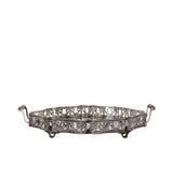 Front view of a Royal Family silver-plated tray showing the intricate pierced gallery rim and decorative feet against a white background.