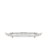 Eye-level side view of a Royal Family silver-plated rectangular tray showing the small support feet and ornate silver handles against a white background.