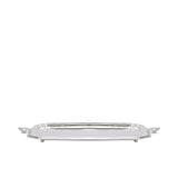 Low-angle profile of a Royal Family silver-plated tray showing the small ball feet and ornate side handles against a white background.