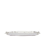 Side view of a polished Royal Family silver-plated serving tray showing its slim profile and ornate handles against a white background.