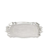 Top-down view of a rectangular silver-plated serving tray by Royal Family, showcasing the symmetrical floral handles and reflective mirror finish.