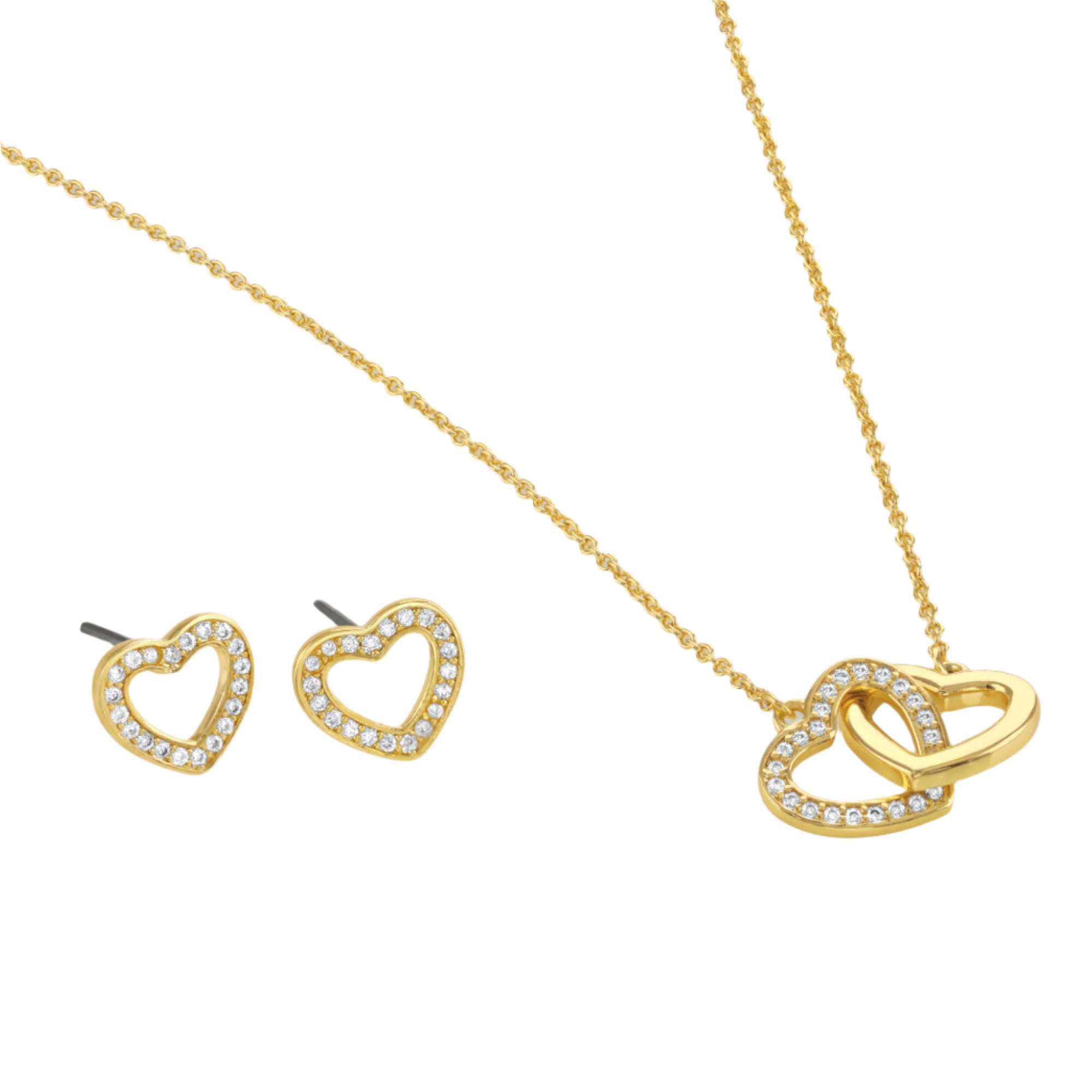 Buckley London Double Heart Pendant & Earrings Set Gold SS25 | departure-to-desk | Fashion Jewellery | new-season-2025 | Sets (Necklace + Earrings) | Women | Womens