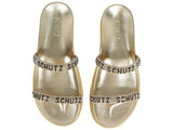 Schutz Women's Gold Metallic Crystal Logo Slide Sandal