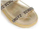Schutz Women's Gold Metallic Crystal Logo Slide Sandal