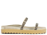 Schutz Women's Gold Metallic Crystal Logo Slide Sandal