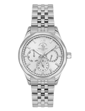 Silver-toned Santa Barbara Polo & Racquet Club men's watch with a white multi-dial face and metal link bracelet.