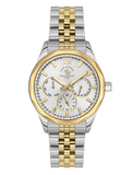 Silver and gold-toned multi-function watch with a white dial, Roman numeral at 12 o'clock, and three sub-dials.