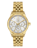 Gold-toned Santa Barbara Polo & Racquet Club men's watch with a white dial, three sub-dials, and a link bracelet.