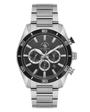 Gun black dial chronograph watch with a silver-toned metal link bracelet and black rotating bezel.