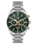 Santa Barbara Polo & Racquet Club men's watch with a silver-toned case, dark green dial, rose gold-toned accents, and a silve