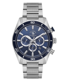 Men's Santa Barbara Polo & Racquet Club chronograph watch with a silver-toned metal bracelet and dark blue dial.
