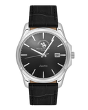 Santa Barbara Polo & Racquet Club men's watch with a black dial, silver-toned case, and black crocodile-embossed leather stra