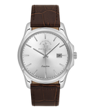 Men's Santa Barbara Polo & Racquet Club watch with silver-toned case, silver dial, and brown crocodile-embossed leather strap