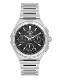 Silver-toned Santa Barbara Polo & Racquet Club men's chronograph watch with a black dial and metal link bracelet.