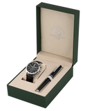 Black dial chronograph watch with silver-toned case and black embossed leather strap, paired with a black and silver-toned pe