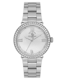 Silver-toned women's watch with a white mother-of-pearl dial, crystal-set bezel, and metal link bracelet.