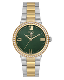 Santa Barbara Polo & Racquet Club women's watch with a dark green textured dial, gold-toned case, and two-tone metal bracelet