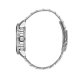Silver-toned watch with a dark ridged bezel, three side pushers, and a silver-toned metal link bracelet with a fold-over clas