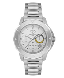Silver-toned Santa Barbara Polo & Racquet Club chronograph watch with white dial and metal link bracelet.