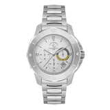Silver-toned metal watch with a textured bezel, white dial, three sub-dials (one with yellow accent), date window, and link b