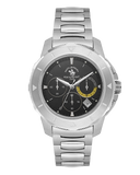 Silver-toned metal chronograph watch with a black dial, three sub-dials, a date window, and a link bracelet.