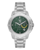 Santa Barbara Polo & Racquet Club men's watch with a silver-toned metal bracelet and case, featuring a dark green dial with t