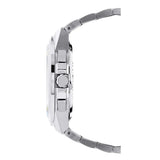 Silver-toned metal watch with a faceted case, round crown, two rectangular pushers, and a brushed metal link bracelet.