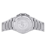 Silver-toned stainless steel watch, back view, with a link bracelet. Case back engraved with 'Santa Barbara Polo & Racquet Cl
