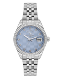Santa Barbara Polo & Racquet Club watch with a light blue textured dial, silver-toned case, crystal hour markers, and a silve