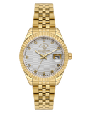 Gold-toned watch with a fluted bezel, white textured dial, stone hour markers, date window, and multi-link bracelet.