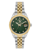 Santa Barbara Polo & Racquet Club women's watch with a two-tone silver and gold-toned metal bracelet, green textured dial, an